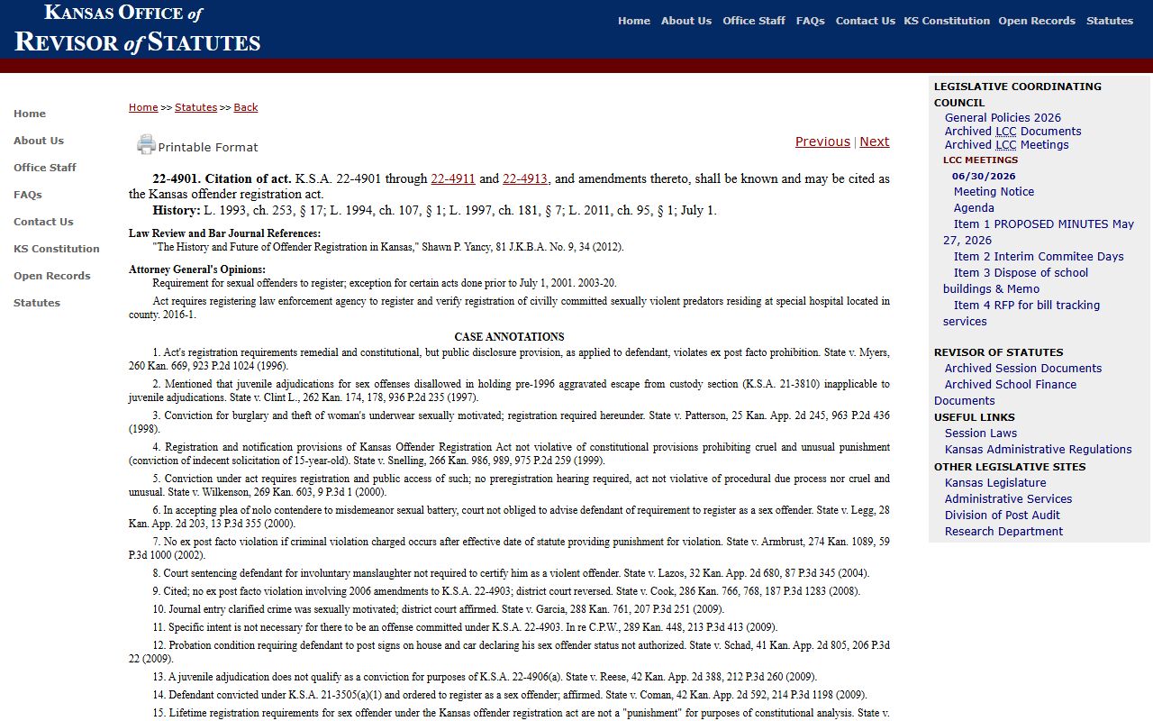 Osborne County arrest records and court charges Kansas offender registration statute