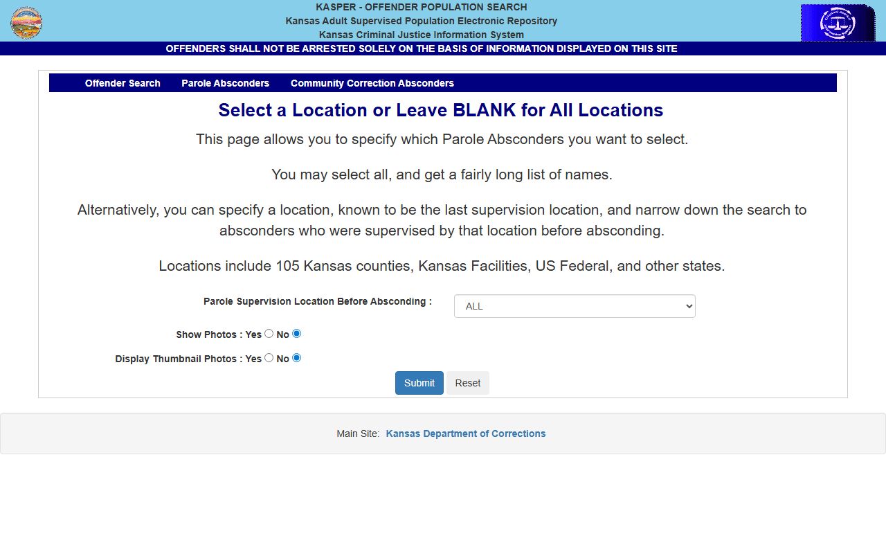 Osborne County inmate search KASPER parole absconder tool