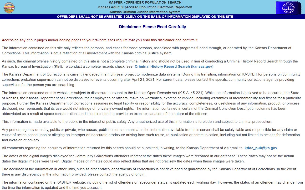 Osborne County inmate search KASPER disclaimer gateway