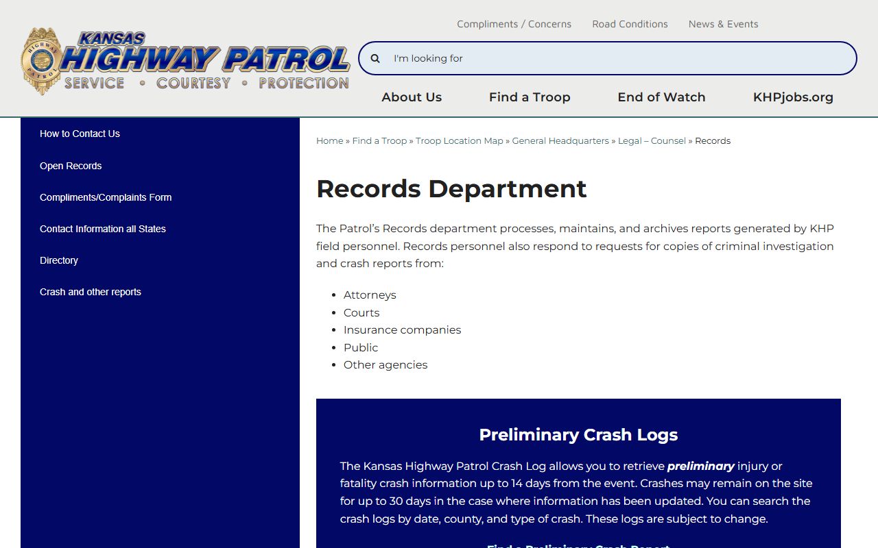 Osborne County traffic court records Kansas Highway Patrol records request